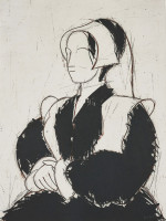 Manolo Valdés Don Juan XI etching of abstract black-and-white female figure with bonnet and stylized hands on textured background