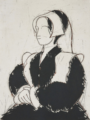 Manolo Valdés Don Juan XI etching of abstract black-and-white female figure with bonnet and stylized hands on textured background