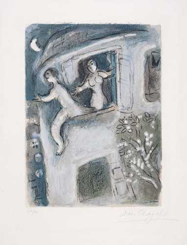 Marc Chagall David Sauvé par Michal color lithograph of floating man and woman in window, in blue-green tones, signed and numbered.