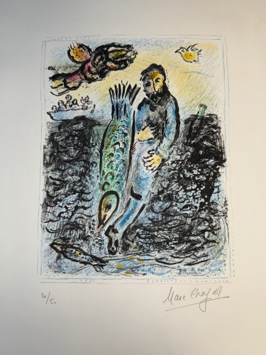 Marc Chagall Jonah I 1972 colorful lithograph depicting biblical Jonah with figures animals and celestial forms on Arches paper