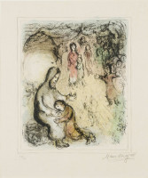 Marc Chagall La Bénédiction de Jacob color lithograph with biblical figures in a softly colored dreamlike scene.