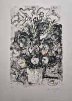 Marc Chagall Le Bouquet Blanc lithograph with white floral bouquet, bird, and figures in expressive black and muted colors