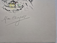 Marc Chagall Le Bouquet Blanc lithograph with white floral bouquet, bird, and figures in expressive black and muted colors