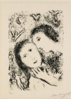 Marc Chagall Le couple aux anges 1979 lithograph showing two lovers with bouquet surrounded by angels and celestial motifs    