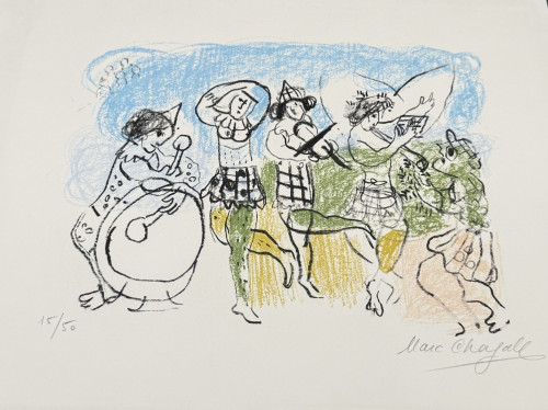 Marc Chagall Les Petits Arlequins 1962 color lithograph of playful harlequins and musicians in pastel tones on Arches paper