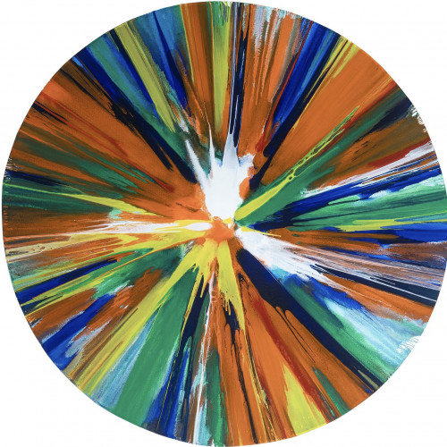 Damien Hirst Spin Painting acrylic on paper with radial burst of orange, green, blue, yellow, and white in circular composition