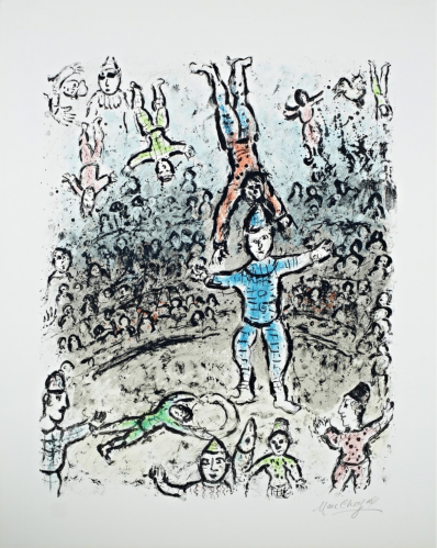 Marc Chagall The Acrobats 1984 color lithograph showing circus performers in mid-air with a central strongman in blue. Marc Chagall The Acrobats 1984 color lithograph showing circus performers in mid-air with a central strongman in blue.