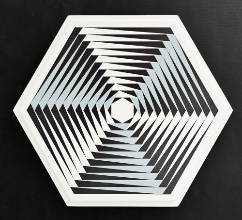 Marcello Morandini Sculptura 762 printed wood hexagonal sculpture with black, white, and pale blue optical geometric pattern.