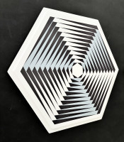 Marcello Morandini Sculptura 762 printed wood hexagonal sculpture with black, white, and pale blue optical geometric pattern.