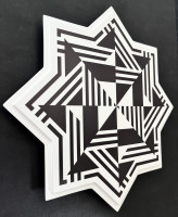 Marcello Morandini Sculptura 763 printed wood star-shaped sculpture with black and white geometric optical pattern.