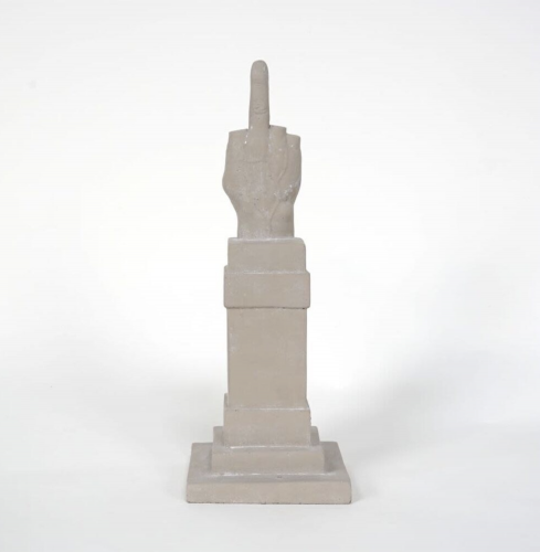 Maurizio Cattelan L.O.V.E. concrete sculpture of classical hand on pedestal with raised middle finger, minimalist and satirical. 