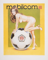 Mel Ramos, Mobilcom FC St. Pauli (2003), offset lithograph of a nude woman in heels leaning over a large FC St. Pauli soccer ball, with 