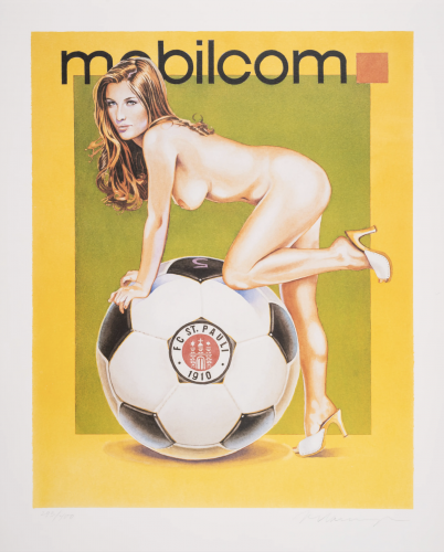 Mel Ramos, Mobilcom FC St. Pauli (2003), offset lithograph of a nude woman in heels leaning over a large FC St. Pauli soccer ball, with 