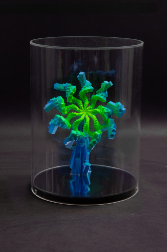 Miguel Chevalier La Cannabis Sativa d’Edgar Poe acrylic sculpture with green-blue spiral form inside clear cylindrical case.