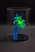 Miguel Chevalier La Cannabis Sativa d’Edgar Poe acrylic sculpture with green-blue spiral form inside clear cylindrical case.