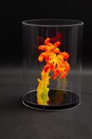 Miguel Chevalier La Cannabis Sativa d’Edgar Poe acrylic sculpture with orange-yellow spiral form in cylindrical display case.