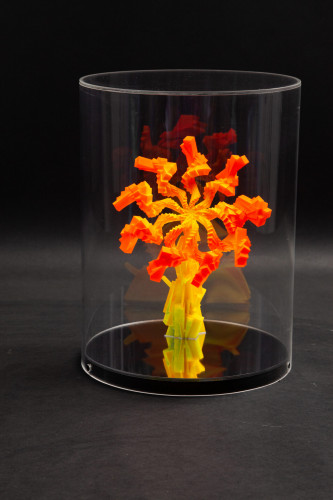Miguel Chevalier La Cannabis Sativa d’Edgar Poe acrylic sculpture with orange-yellow spiral form in cylindrical display case.