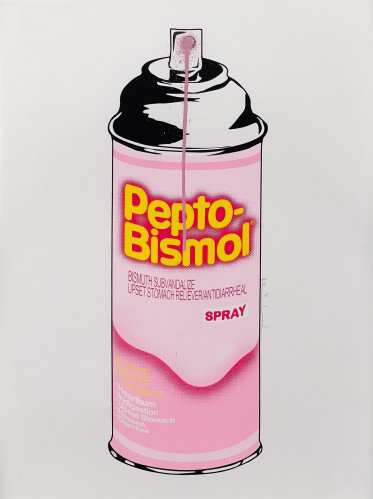 Mr. Brainwash artwork Pepto-Bismol Spray shows a pink spray can styled like Pepto-Bismol packaging with dripping paint.