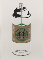 Mr. Brainwash artwork Starbucks Coffee Spray shows a spray can wrapped in a Starbucks sleeve with coffee drips and printed warning text.
