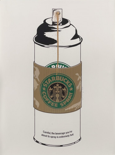Mr. Brainwash artwork Starbucks Coffee Spray shows a spray can wrapped in a Starbucks sleeve with coffee drips and printed warning text.
