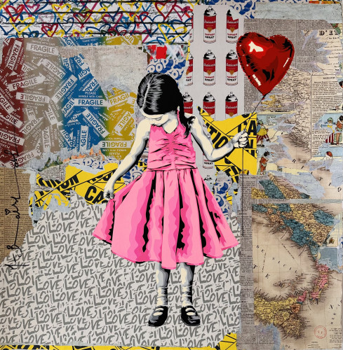 Mr. Brainwash Beautiful Girl mixed media of girl in pink dress holding heart balloon, with collage of maps, labels, and caution tape. 