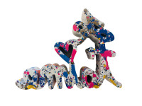 Mr. Brainwash resin sculpture Je t'aime in graffiti style with colorful paint splatters on white, heart replacing the apostrophe. 