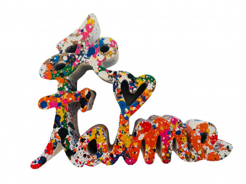Mr. Brainwash resin sculpture Je t'aime in graffiti style with colorful paint splatters on white, heart replacing the apostrophe. 