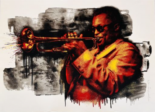 Mr. Brainwash screenprint Miles Davis playing trumpet in red and yellow with colorful spray, on black-and-white textured background. 