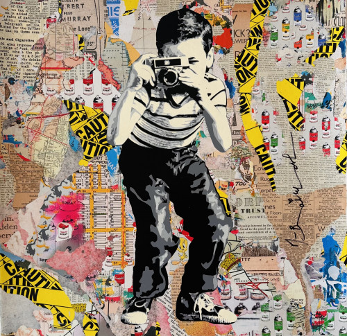 Mr. Brainwash Smile mixed media of boy with vintage camera on collage background of maps, spray cans, and caution tape.    