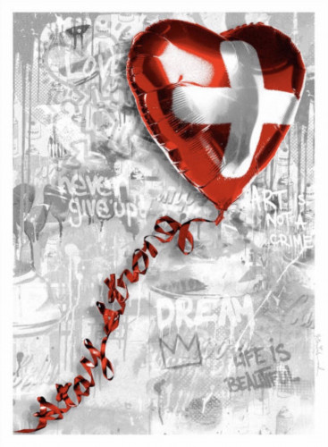 Mr. Brainwash Stay Strong Swiss screen print of red heart balloon with Swiss flag and graffiti-style background text messages.