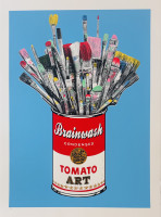 Mr. Brainwash Tomato Pop Blue screenprint of soup can filled with colorful paintbrushes against a bright blue background. 