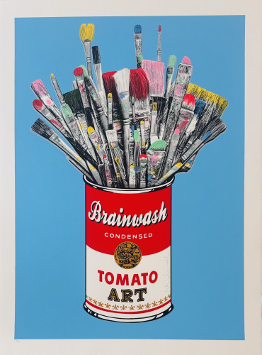 Mr. Brainwash Tomato Pop Blue screenprint of soup can filled with colorful paintbrushes against a bright blue background. 