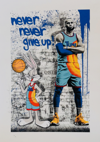 Mr. Brainwash Tune Squad screenprint of Bugs Bunny and basketball player in colorful uniforms with graffiti text never give up.  