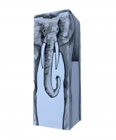 Nicolas Party Elephant painted paper sculpture with gray stylized elephant head and long trunk on narrow vertical form 15 x 5 x 5 cm