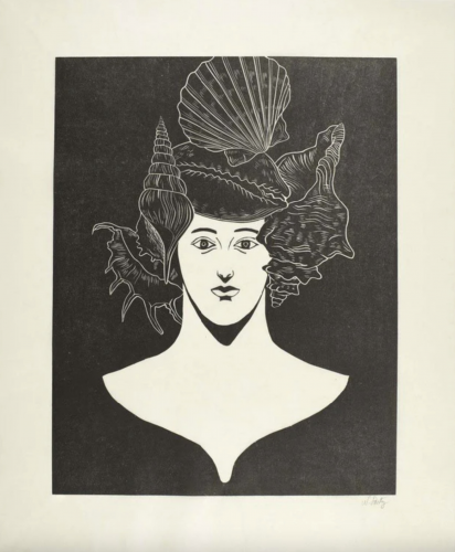 Nicolas Party Portrait With Shells 2021 woodcut of a stylized face with large seashells forming elaborate headwear in black and white. Nicolas Party Portrait With Shells 2021 woodcut of a stylized face with large seashells forming elaborate headwear in black and white.