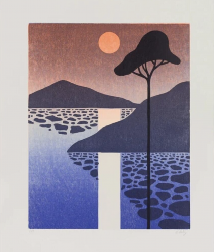 Nicolas Party Sunset woodcut with stylized tree, hills, and sun in gradient tones of blue, violet, and coral over patterned water. 