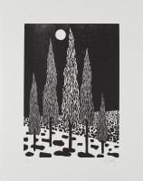 Nicolas Party’s Trees, 2020, woodcut print featuring tall, slender trees in black and white with a moonlit background, emphasizing surreal textures.