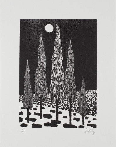Nicolas Party’s Trees, 2020, woodcut print featuring tall, slender trees in black and white with a moonlit background, emphasizing surreal textures.