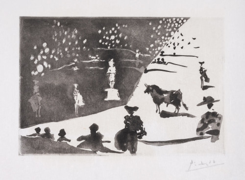 Pablo Picasso aquatint showing abstract bullfight scene with spectators, matador, and bull, signed in pencil, 1957
