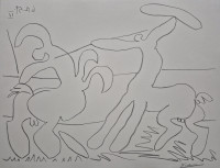 Pablo Picasso Combat de centaures IV lithograph with abstract centaur figures in motion, drawn in fluid black line on white background