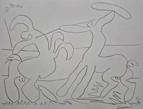 Pablo Picasso Combat de centaures IV lithograph with abstract centaur figures in motion, drawn in fluid black line on white background