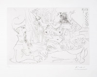 Pablo Picasso etching of reclining man in turban watching belly dancer