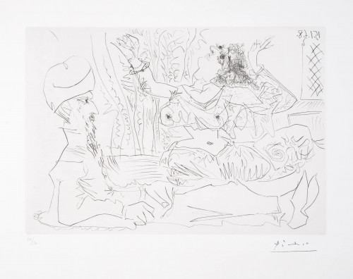 Pablo Picasso etching of reclining man in turban watching belly dancer, fluid drypoint lines, signed and numbered, 1968