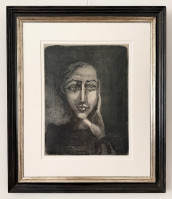 Pablo Picasso Françoise sur fond gris lithograph showing stylized portrait of a woman with hand on face, dark background. Pablo Picasso Françoise sur fond gris lithograph showing stylized portrait of a woman with hand on face, dark background.