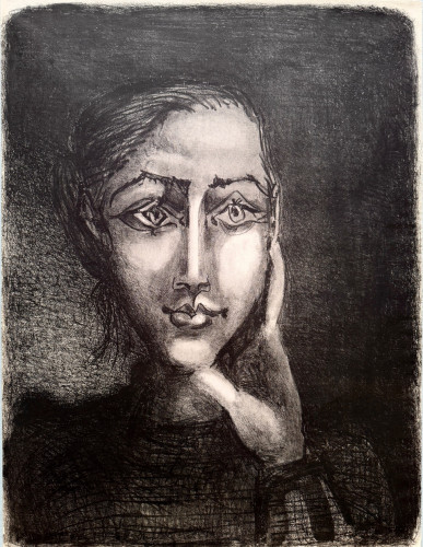 Pablo Picasso Françoise sur fond gris lithograph showing stylized portrait of a woman with hand on face, dark background. Pablo Picasso Françoise sur fond gris lithograph showing stylized portrait of a woman with hand on face, dark background.