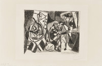 Pablo Picasso lithograph Scène d'intérieur showing abstract black line figures and objects in a fragmented domestic space.