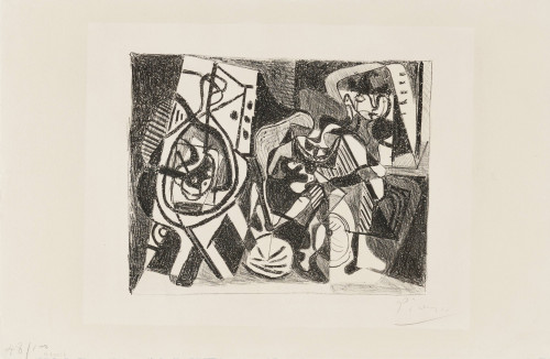 Pablo Picasso lithograph Scène d'intérieur showing abstract black line figures and objects in a fragmented domestic space.