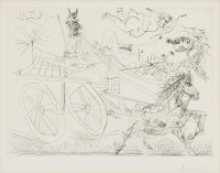 Black and white drypoint etching by Pablo Picasso depicting a mythological scene with a horse-drawn chariot, horned figure, reclining and flying nude figures, drawn in a loose linear style.