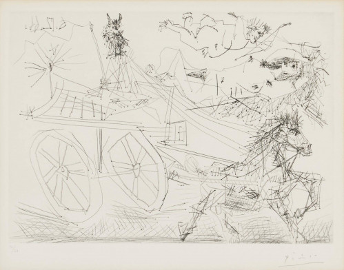Black and white drypoint etching by Pablo Picasso depicting a mythological scene with a horse-drawn chariot, horned figure, reclining and flying nude figures, drawn in a loose linear style.