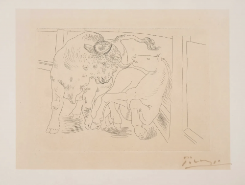 Pablo Picasso Taureau et Cheval etching showing a bull and horse in a pen, drawn in fine lines, signed in bistre ink on wove paper